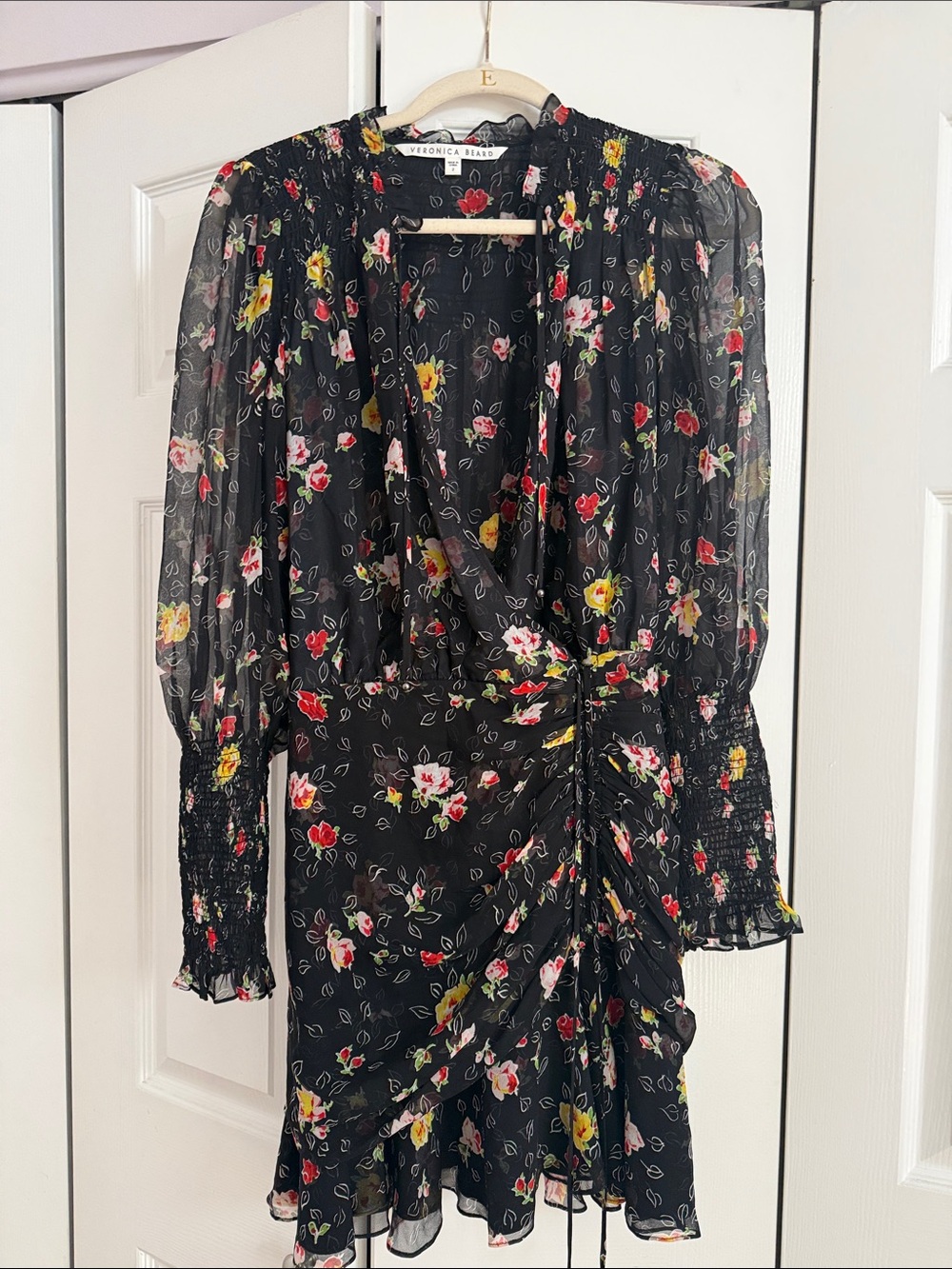 Veronica Beard Black Floral Wrap Silk Dress